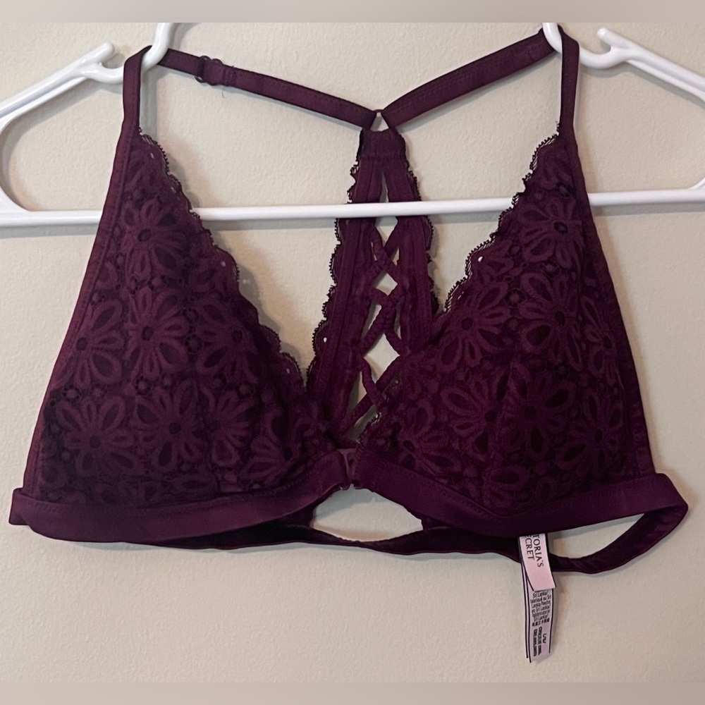 Victorias Secret Crochet Lace Front-Close Bralette Bra Burgundy Women’s Sz Large